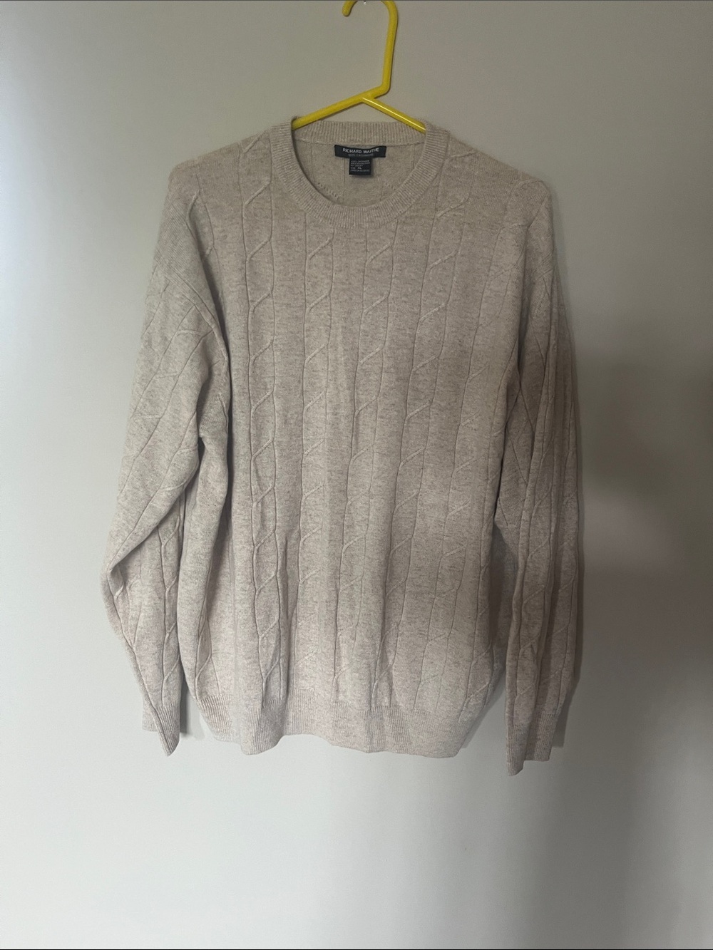 100% Cashmere Club Room Men's Light Beige Cable Crewneck Sweater